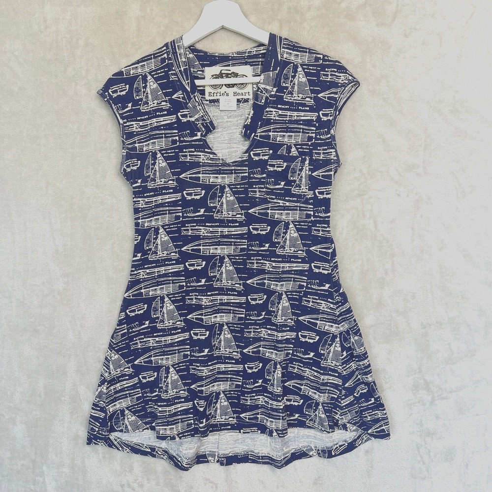 Effie's Heart Nautical Boat Print Dress M Blue Fit Flare Notched V-Neck Pocket